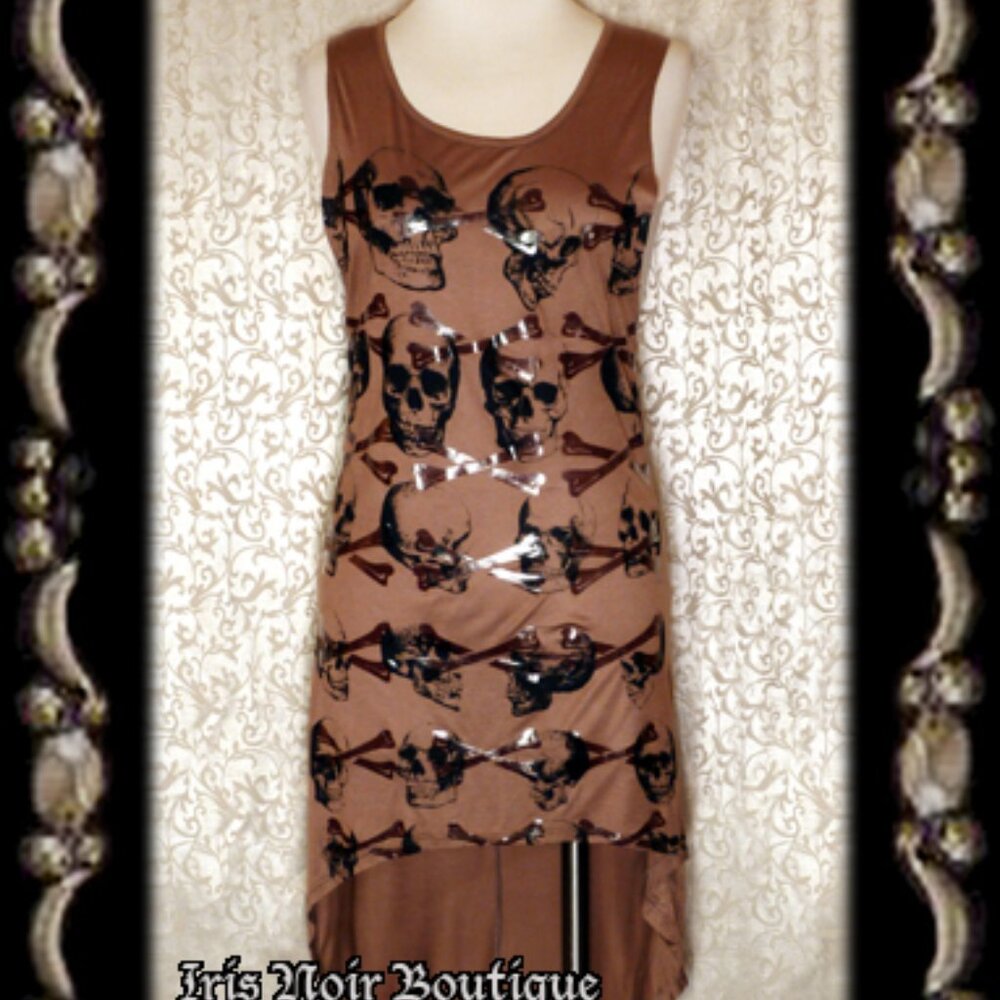 Tomb Raider' Hi-Lo Goth Punk Steampunk Skull Crossbones Brown Tunic Top Top